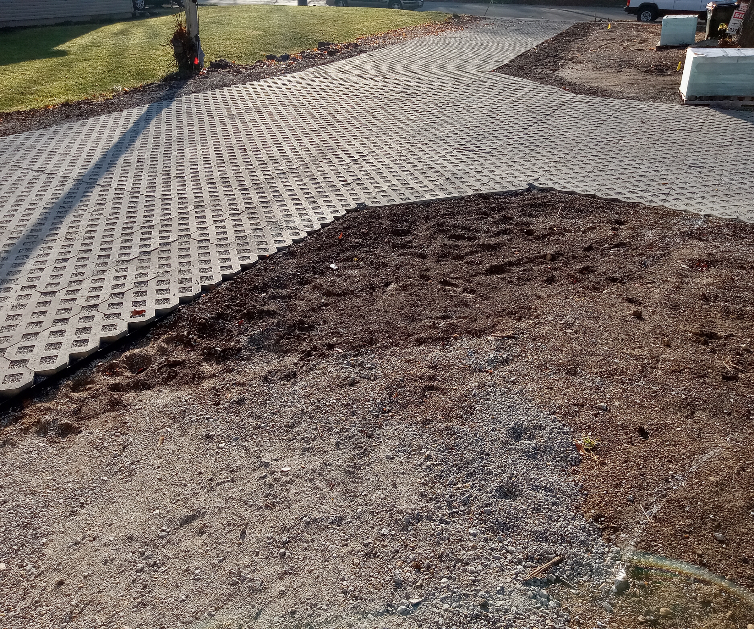 A driveway sub-base under construction