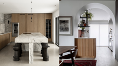 one kitchen with a marble sculptural island in the middle, and another with a small fluted wood peninsula