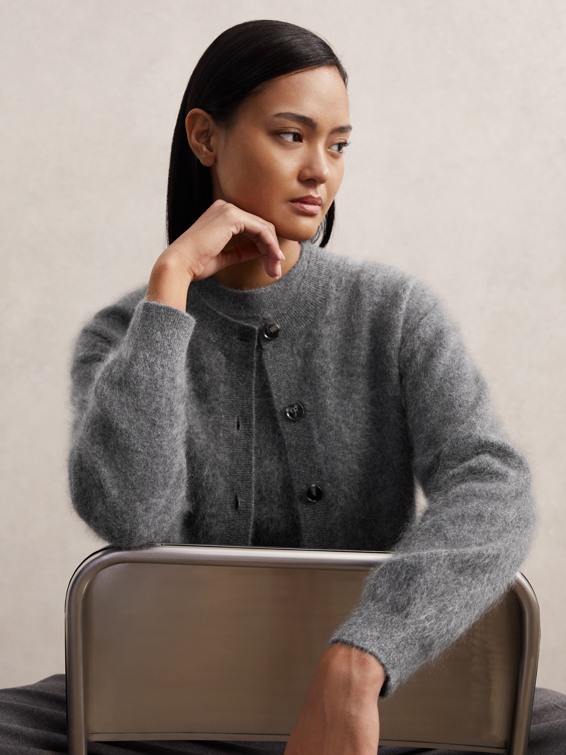 100% Brushed Cashmere Cardigan in Grey