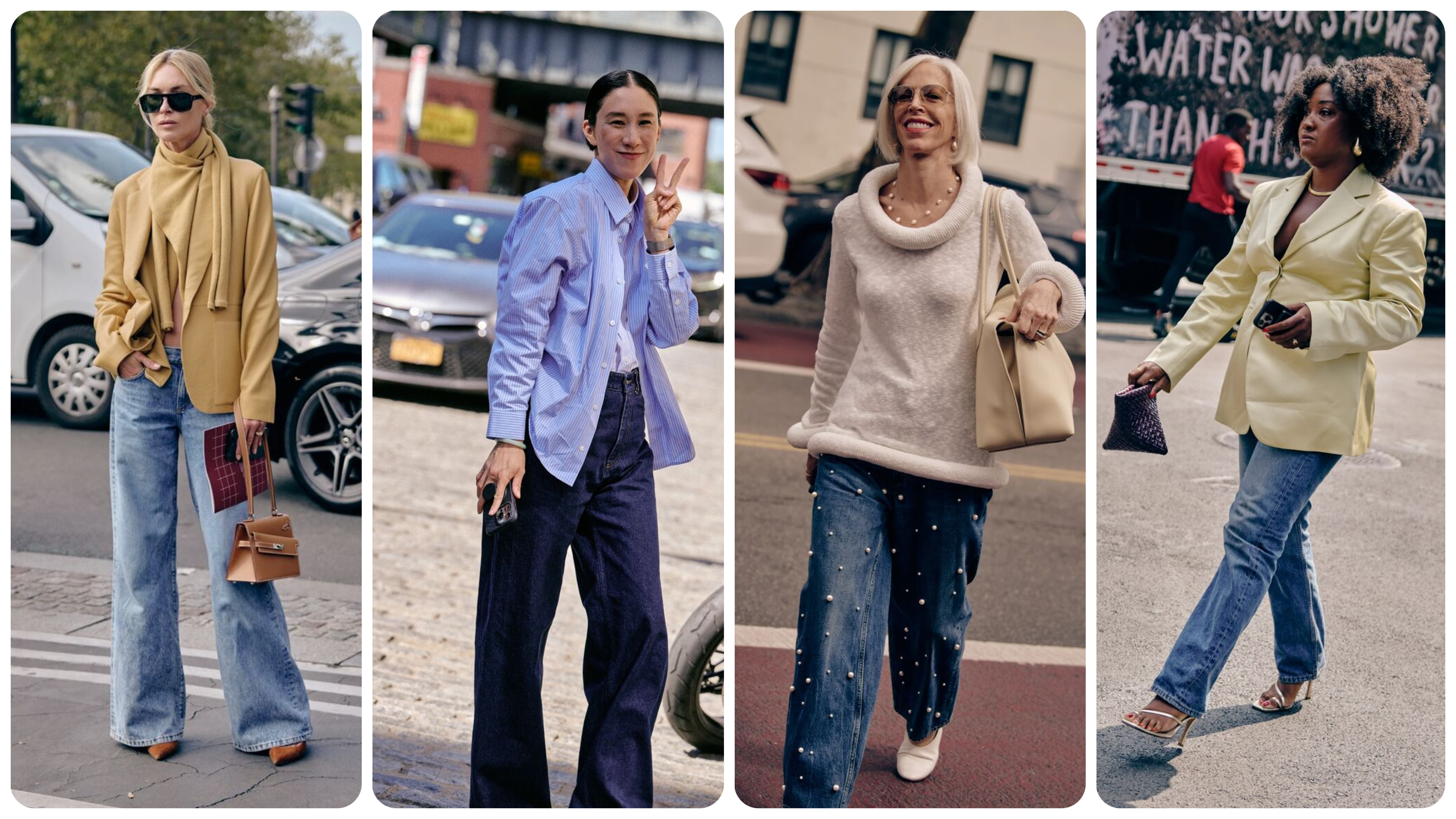 a collage of woman at New York Fashion Week wearing fall 2025 denim trends