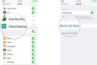 Backing up iPhone to iCloud, showing how to tap on iCloud Backup, then tap Back Up Now