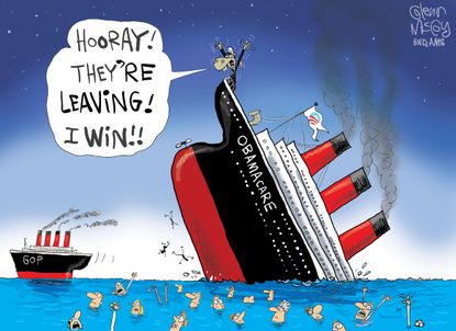 Political Cartoon U.S. Obamacare sining ship Democrats victory GOP health care failure