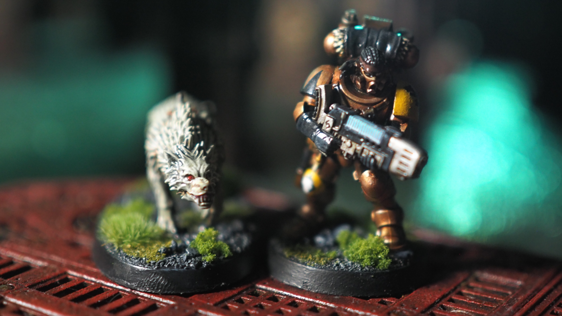 A Space Wolf Scout and Fenrisian Wolf stalk an industrial rig