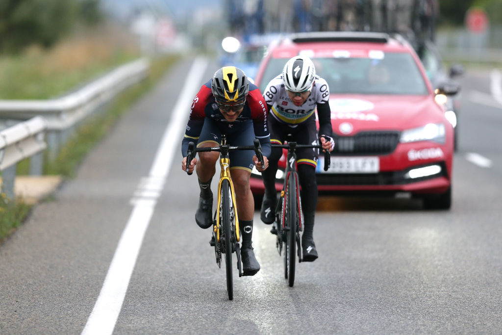 CAMBRILS SPAIN MARCH 26 LR Richard Carapaz of Ecuador and Team INEOS Grenadiers and Sergio Andres Higuita Garcia of Colombia and Team Bora Hansgrohe compete in the breakaway during the 101st Volta Ciclista a Catalunya 2022 Stage 6 a 1685km stage from Costa Daurada SalouCambrils to Costa Daurada SalouCambrils VoltaCatalunya101 WorldTour on March 26 2022 in Cambrils Spain Photo by Gonzalo Arroyo MorenoGetty Images