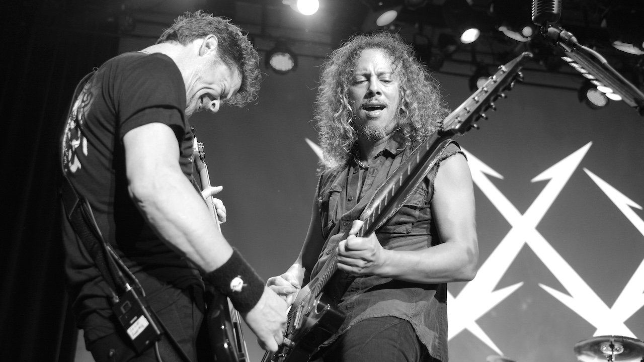 Jason Newsted (L) and Kirk Hammett of Metallica perform during night two of the band's 30th Anniversary at The Fillmore on December 7, 2011 in San Francisco, California