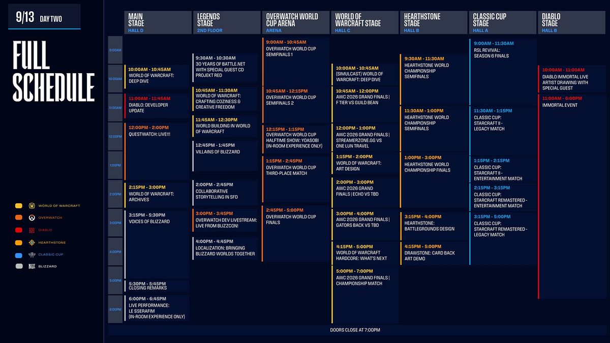 A dark blue event schedule grid for September 13th, showing various gaming panels and tournaments across seven stages with color-coded event labels.