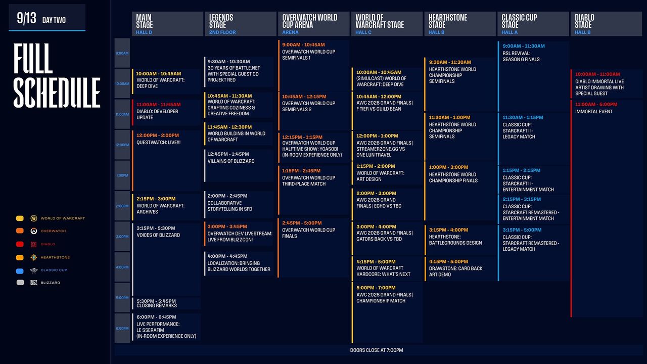 A dark blue event schedule grid for September 13th, showing various gaming panels and tournaments across seven stages with color-coded event labels.