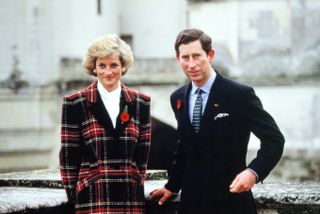 Charles and Diana, Prince and Princess of Wales, pose outside Chateau de Chambord during their official visit to France on November 9, 1988