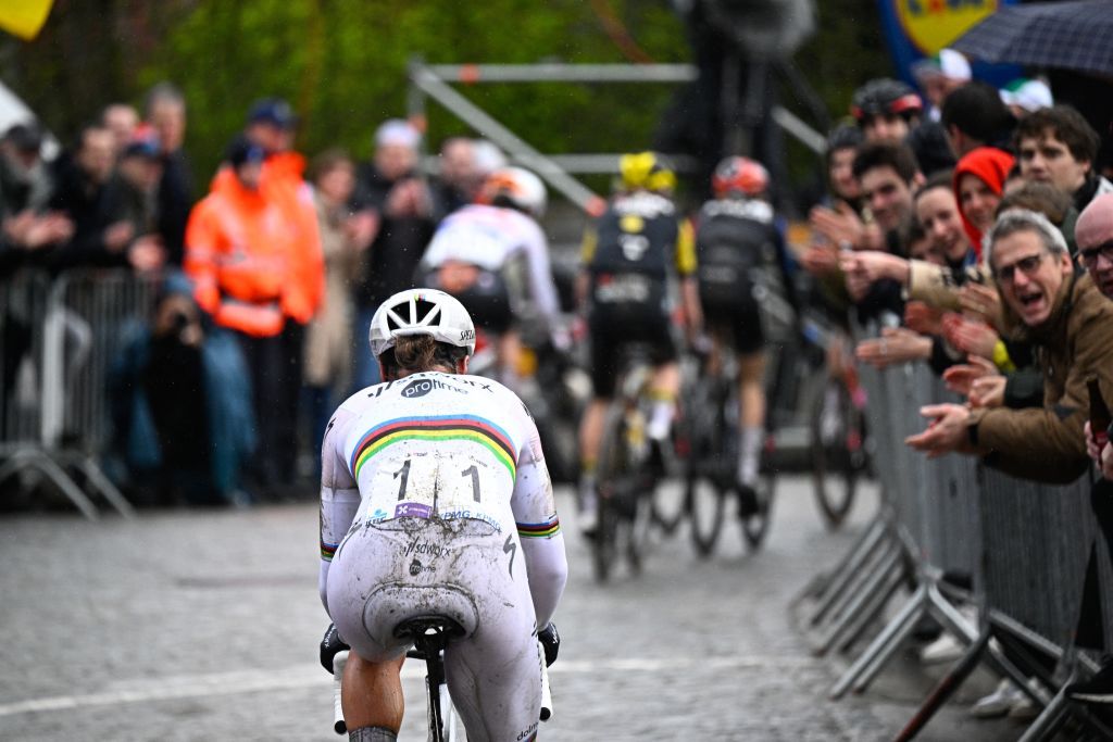 Belgian Lotte Kopecky of SD Worx - Protime pictured in action during the women's race of the 'Ronde van Vlaanderen/ Tour des Flandres/ Tour of Flanders' one day cycling event, 163km with start and finish in Oudenaarde, Sunday 31 March 2024. BELGA PHOTO JASPER JACOBS (Photo by JASPER JACOBS / BELGA MAG / Belga via AFP)