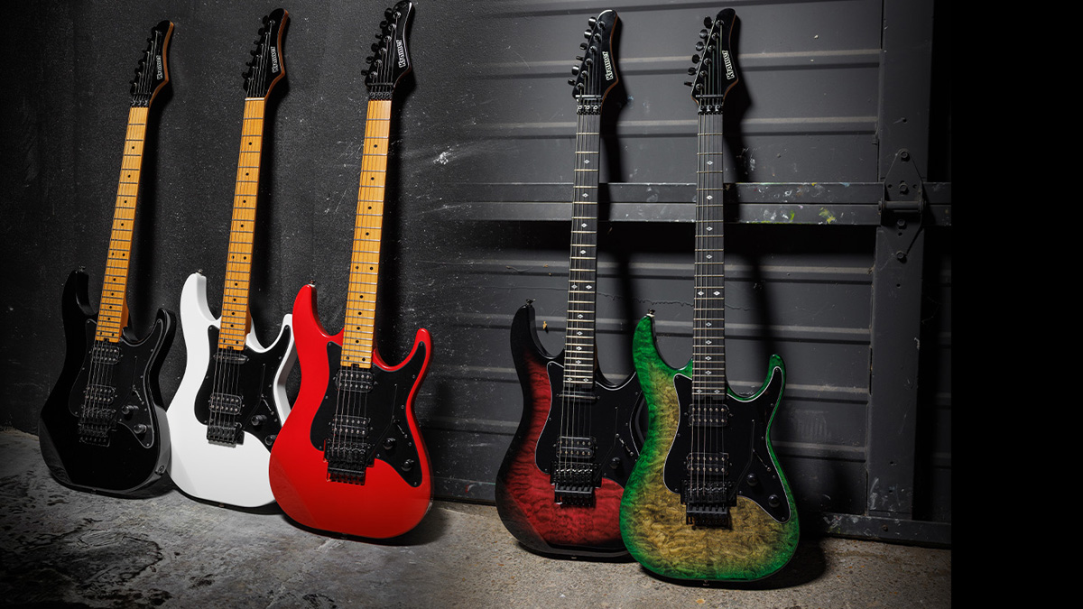 The Kramer Volante is offered with the choice of a AAAA quilted maple veneer or plain top, but features a newly engineered neck joint, Gibson USA-designed pickups, an elliptical C profile neck and Floyd Rose vibrato as standard.