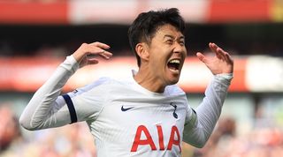 Tottenham Hotspur captain Son Heung-min celebrates after scoring his second goal for Tottenham against Arsenal at the Emirates Stadium in September 2023.