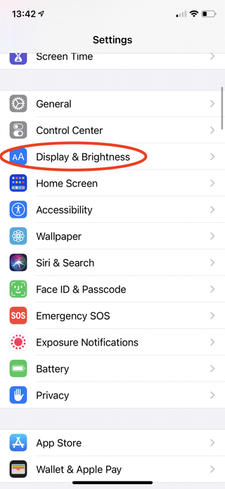 Screenshot of iOS iPhone settings options
