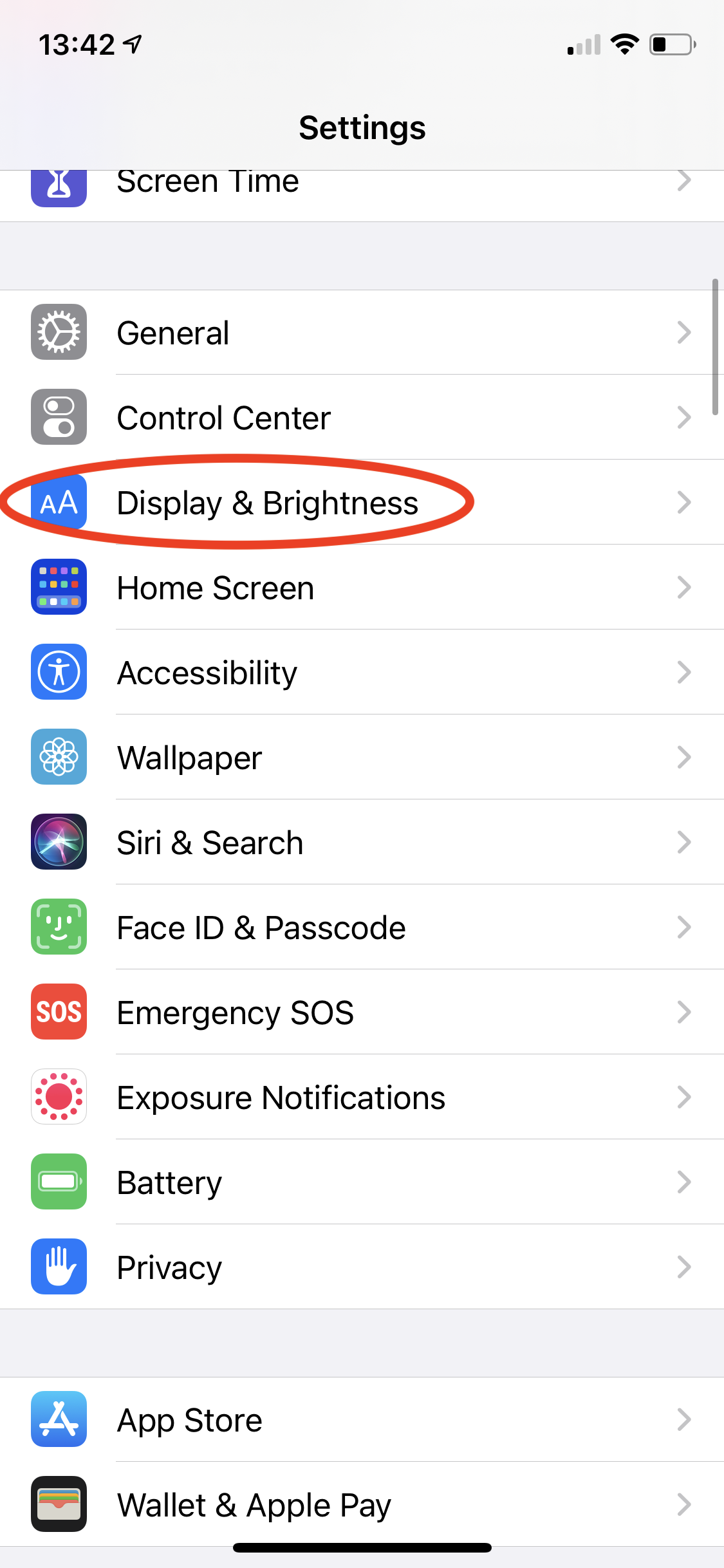 Снимок экрана с параметрами настроек iOS для iPhone