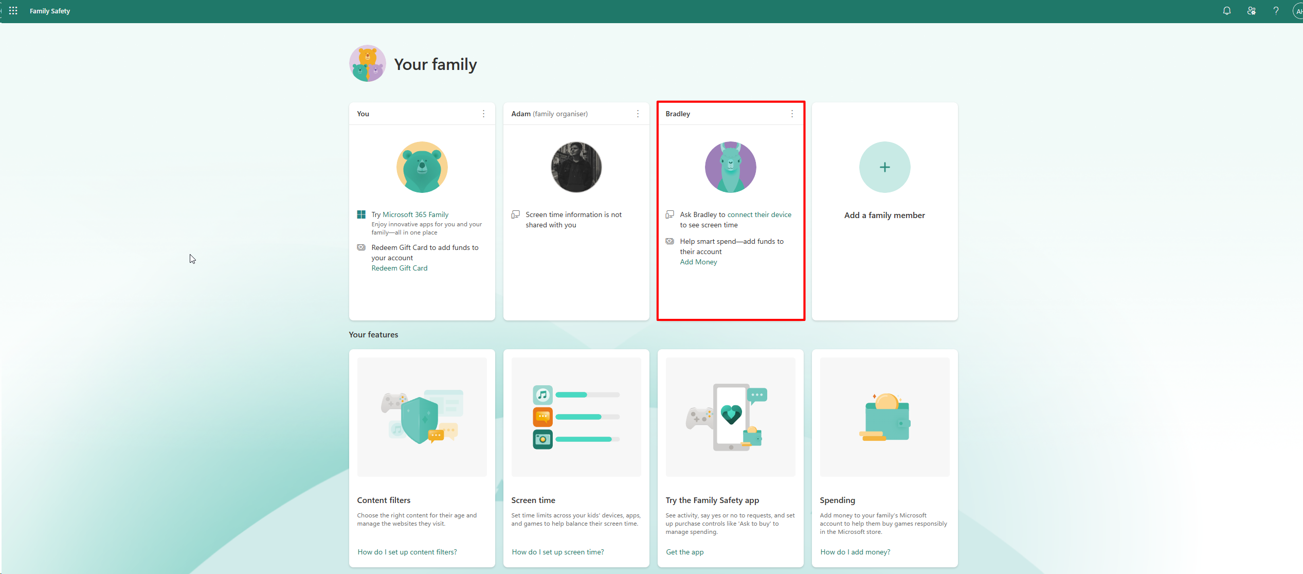 Parental settings web page