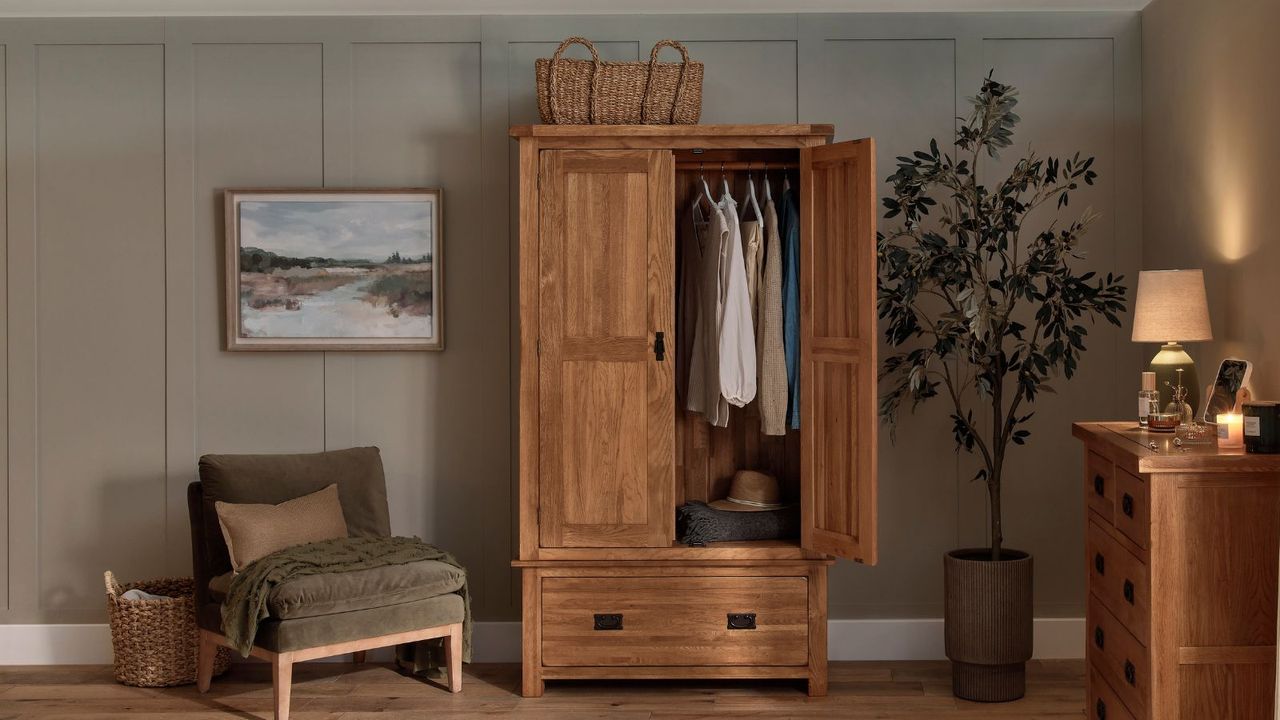 Wooden closet, green chair, dresser