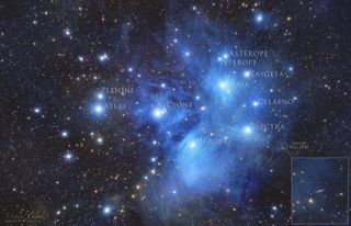 An annotated version of the same image by Miguel Claro shows the location of the spiral galaxy UGC 2838 and labels nine of the brightest stars in the Pleiades cluster.
