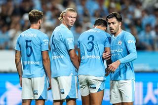 Manchester City season preview 2023/24 Jack Grealish of Manchester City organises a defensive wall during the preseason friendly match between Atletico Madrid and Manchester City at Seoul World Cup Stadium on July 30, 2023 in Incheon, South Korea. (Photo by Robbie Jay Barratt - AMA/Getty Images)