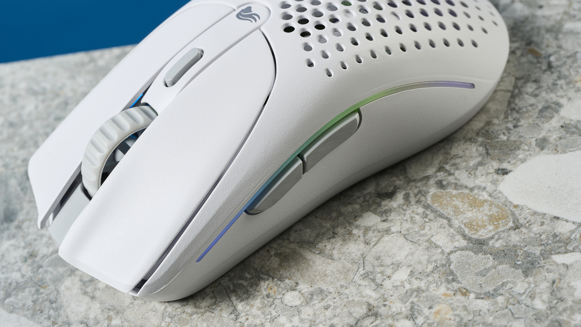 A white Glorious Model O 2 wireless gaming mouse