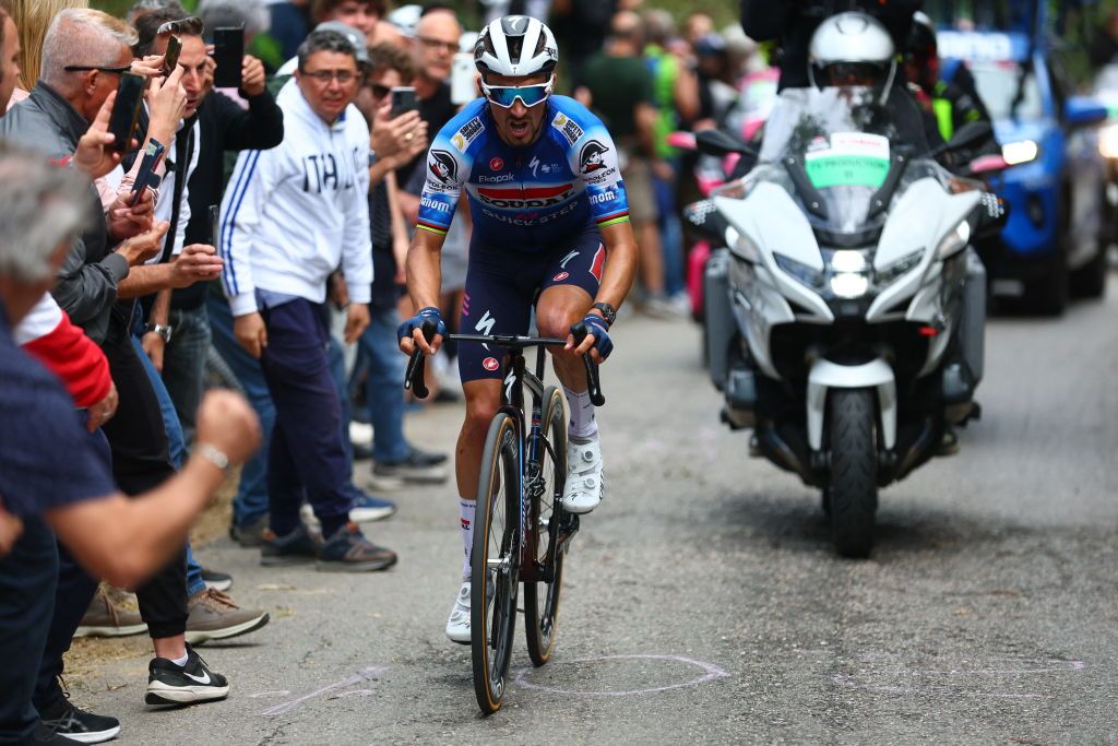 Team Soudal-Quick Step's French rider Julian Alaphilippe leads the 12th stage of the 107th Giro d'Italia cycling race, 193km between Martinsicuro and Fano, on May 16, 2024. (Photo by Luca Bettini / AFP)