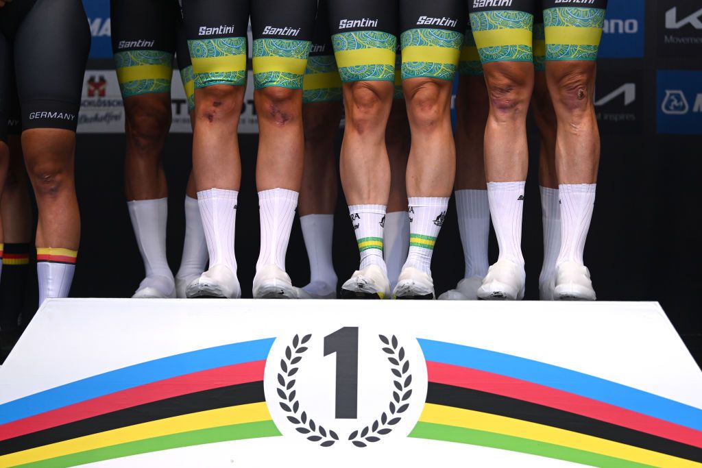ZURICH SWITZERLAND SEPTEMBER 25 Detail view of gold medalists Michael Matthews Ben Oconnor Jay Vine Grace Brown Brodie Chapman Ruby RosemanGannon of Team Australia pose on the podium during the 97th UCI Cycling World Championships Zurich 2024 Mixed Relay Team Time Trial a 537km one day race from Zurich to Zurich on September 25 2024 in Zurich Switzerland Photo by Dario BelingheriGetty Images