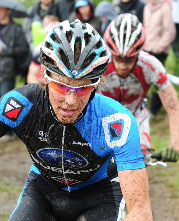 Sam Schultz (Gary Fisher/Subaru) on a fire road climb.