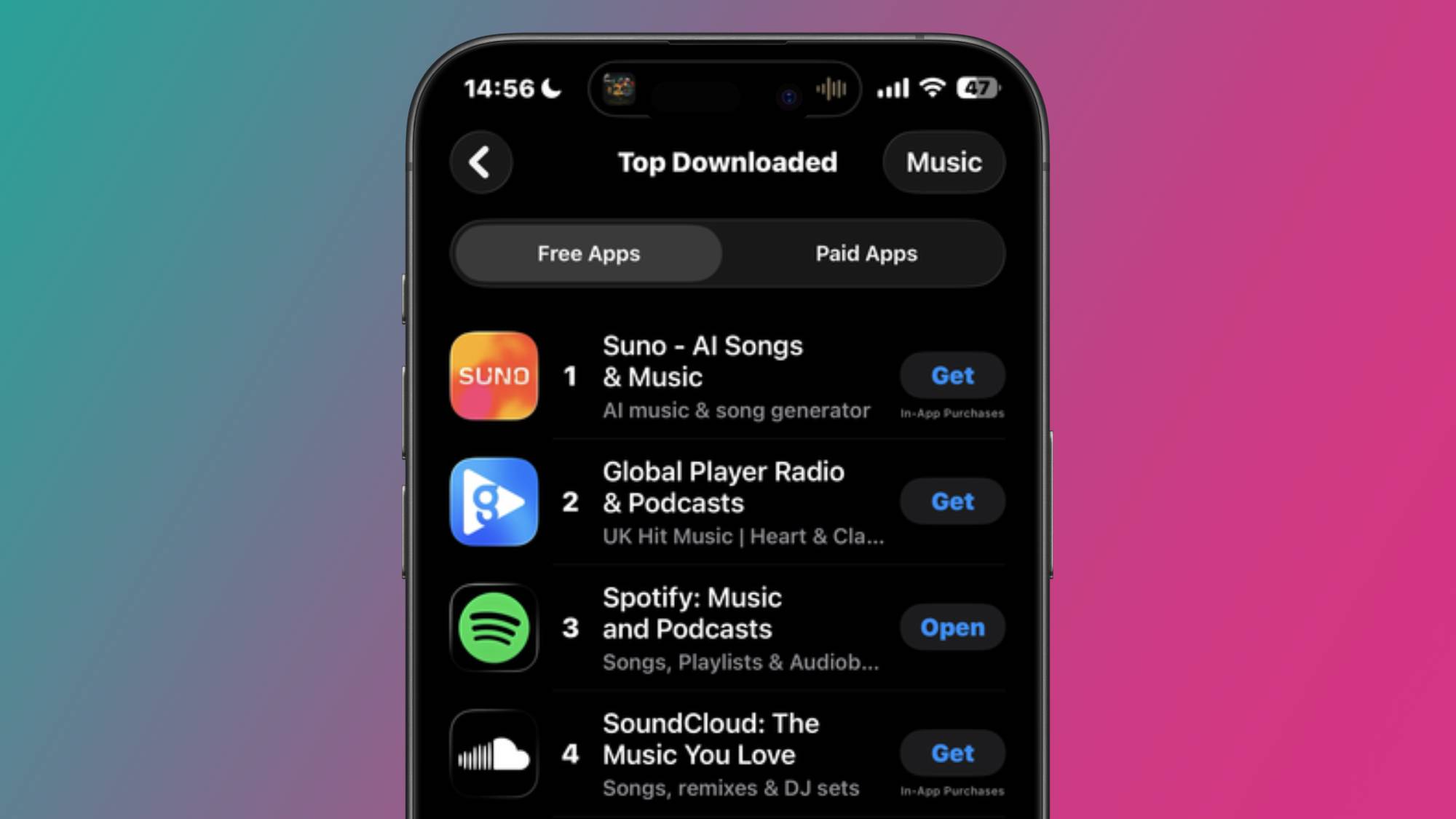 A smartphone showing the iOS App Store music app charts