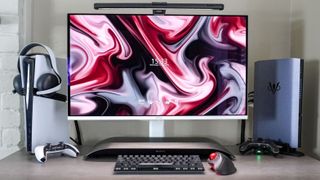 A desk setup built around the BlueAnt Soundblade soundbar and the MSI MPG 321UrXW QD-OLED monitor