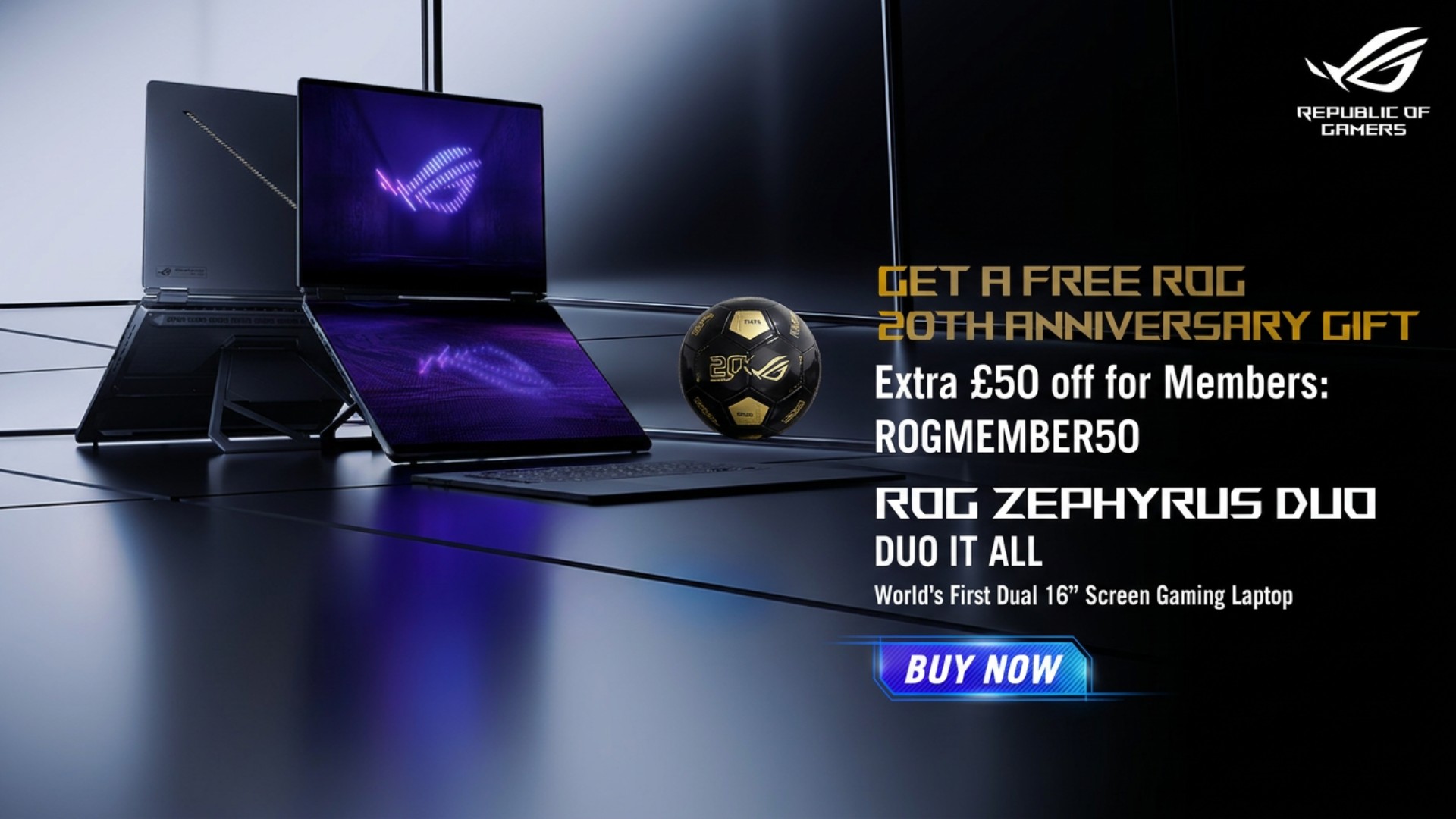 Asus artwork showing the ROG 20th Anniversary offer running on the ROG Zephyrus Duo