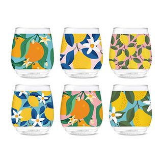 Fun, citrus patterned outdoor stemless wine glasses in assorted designs