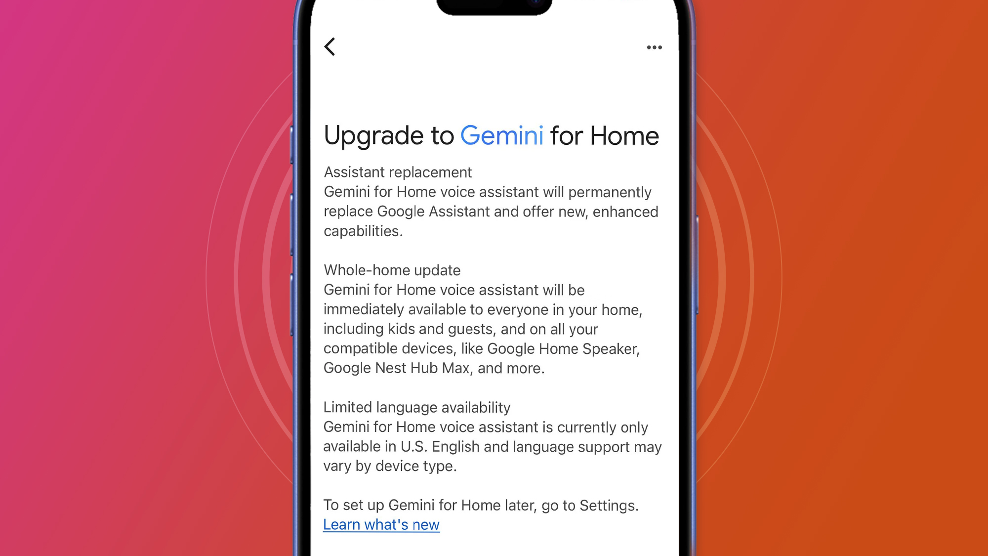 A phone on a pink and orange background showing a Gemini update for Google Home