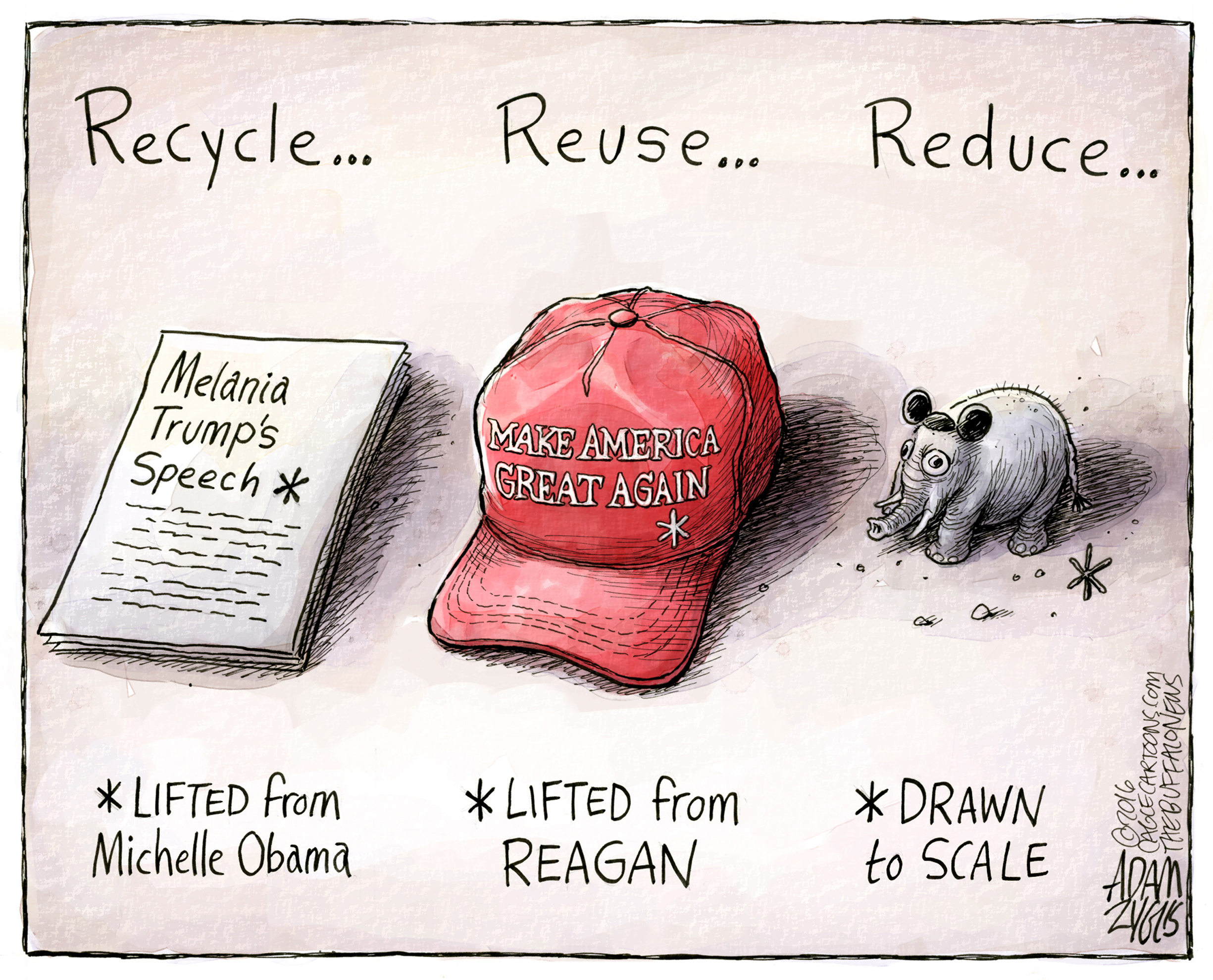 Political cartoon U.S. Trump Reduce, Reuse Recycle