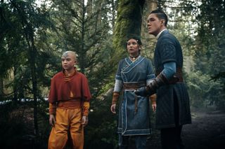 Gordon Cormier as Aang, Kiawentiio as Katara, Ian Ousley as Sokka in season 1 of Avatar: The Last Airbender.