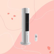 midea 5L air cooler on a pink graphic background