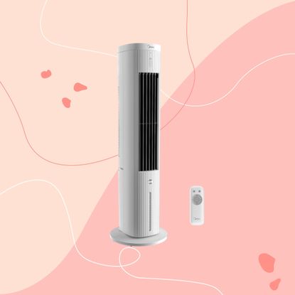 midea 5L air cooler on a pink graphic background