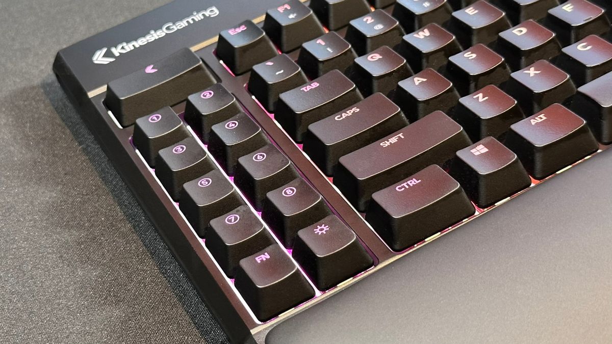 A photograph of the Kinesis Gaming Freestyle Edge RGB Plus ergonomic keyboard, focusing on its eight programmable macro keys