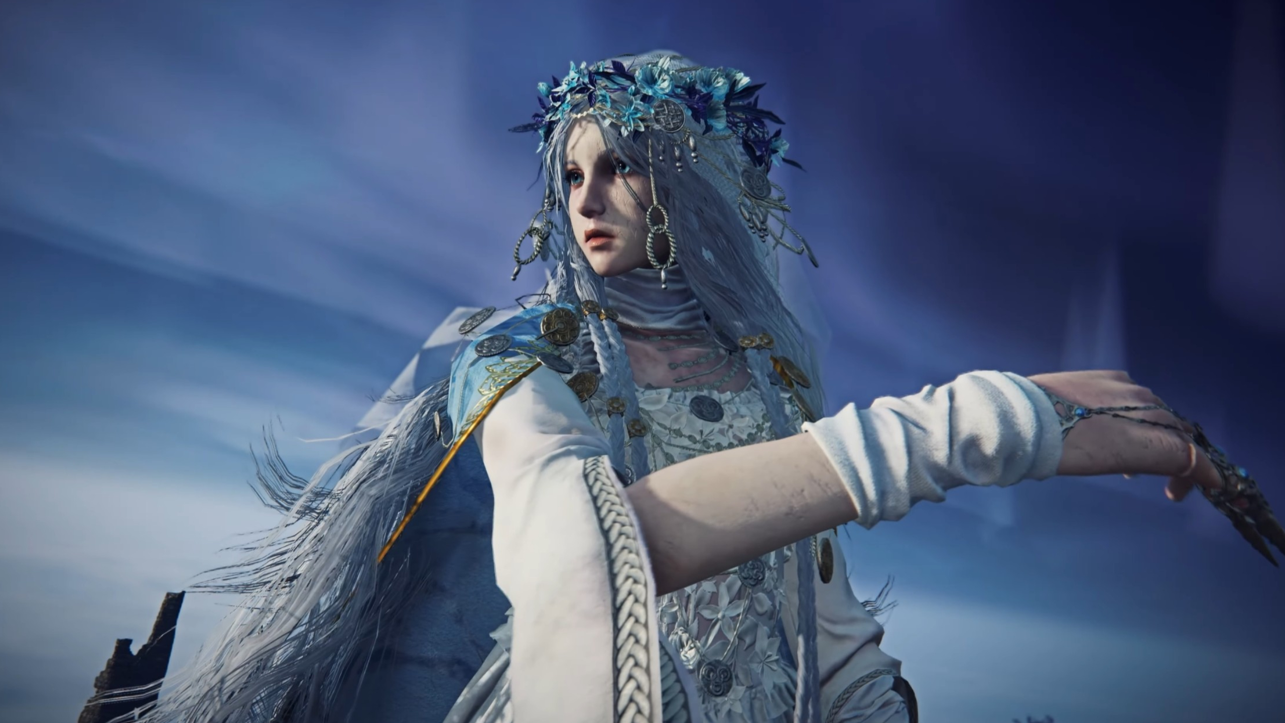 Elden Ring Nightreign Remembrance quests: An upper-body shot of Revenant looking over her shoulder with her right arm across her chest.