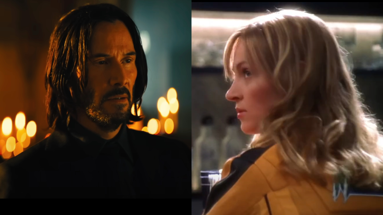 Keanu Reeves in John Wick: Chapter 4 and Uma Thurman in Kill Bill Vol. 1