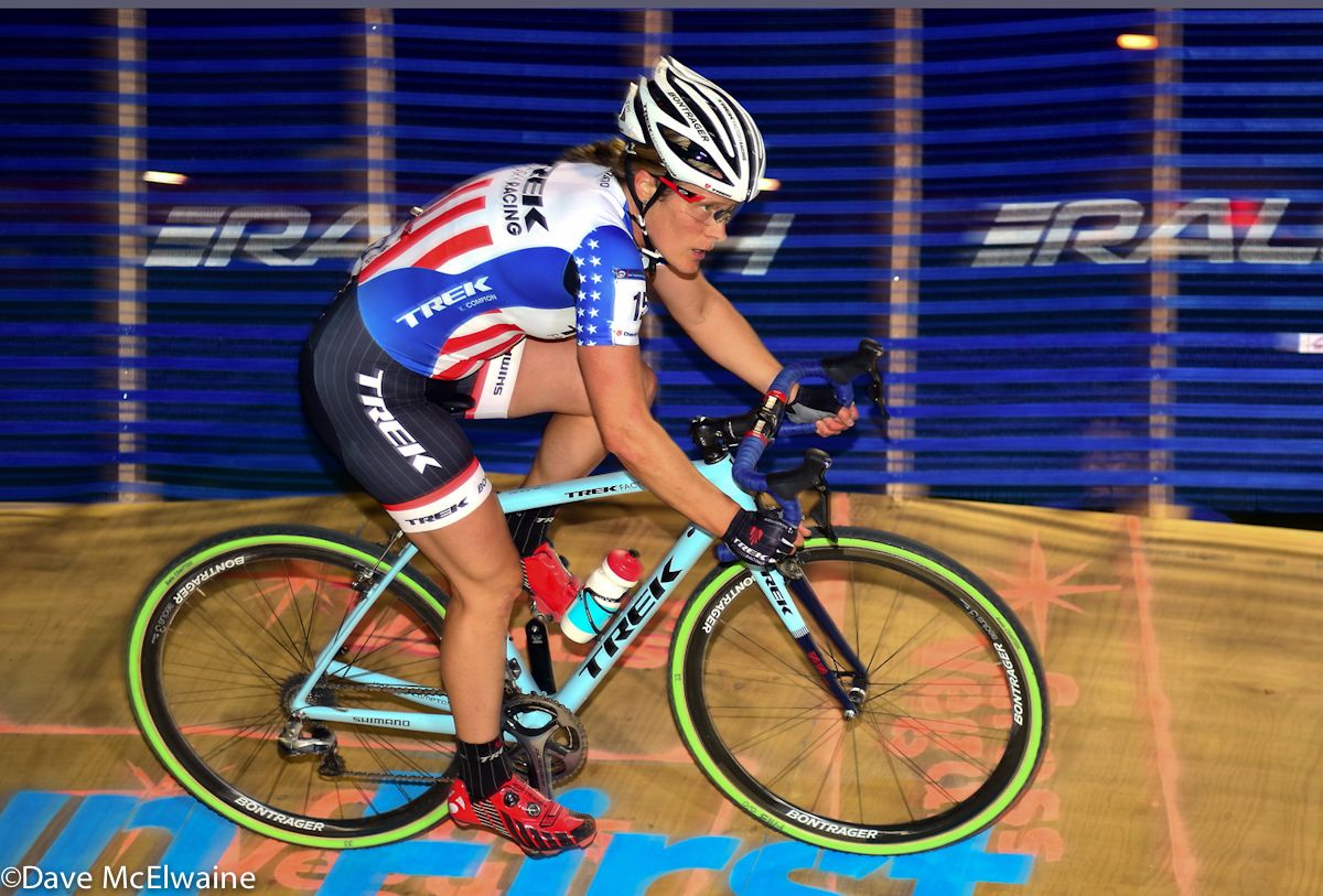 USA Champion Katie Compton riding a banked corner on the Cross Vegas course