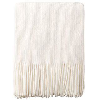 Ntbay Acrylic Knitted Throw Blanket, Lightweight and Soft Cozy Decorative Woven Blanket With Tassels for Travel, Couch, Bed, Sofa, 51x67 Inches, White Striped