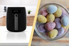A collage of an air fryer and a jar of Mini Eggs