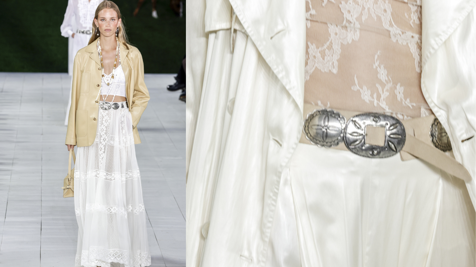 model on the runway wearing boho style for Ralph Lauren spring/summer 2025 show. A white maxi skirt with statement belt, crochet top and suede jacket