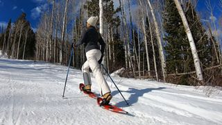 A woman snowshoeing uphill