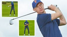 Golf Monthly Top 50 Coach Ged Walters demonstrating various iron play drills inset against an image of Ged in the finish position of an iron swing