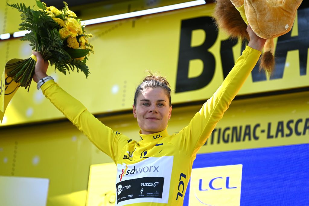 MONTIGNACLASCAUX FRANCE JULY 25 Lotte Kopecky of Belgium and Team SD Worx Protime Yellow Leader Jersey celebrates at podium during the 2nd Tour de France Femmes 2023 Stage 3 a 1472km stage from CollongeslaRouge to MontignacLascaux UCIWWT on July 25 2023 in MontignacLascaux France Photo by Tim de WaeleGetty Images