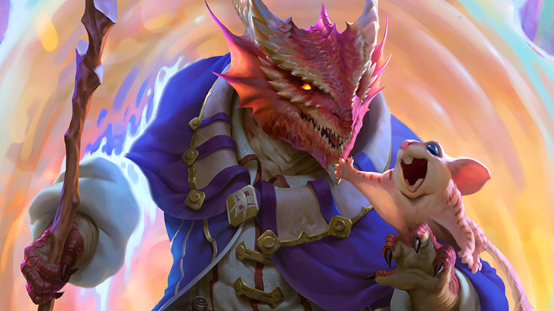 A Dragonborn mage emerges from a portal whilst holding a squirrel-like creature