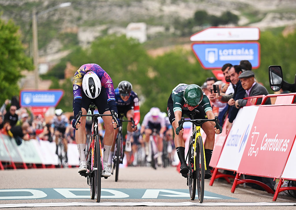 BALTANAS SPAIN MAY 09 LR Mischa Bredewold of Netherlands and Team SD Worx Protime and Marianne Vos of Netherlands and Team Visma Lease a Bike Green points jersey sprint at finish line to win the stage during the 11th La Vuelta Femenina 2025 Stage 6 a 1267km stage from Becerril de Campos to Baltanas UCIWT on May 09 2025 in Baltanas Spain Photo by Szymon GruchalskiGetty Images