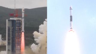 a split screen image of a rocket lifting off, on the left from a launch tower in a mountainous setting, and on the right, flying through a blue sky.