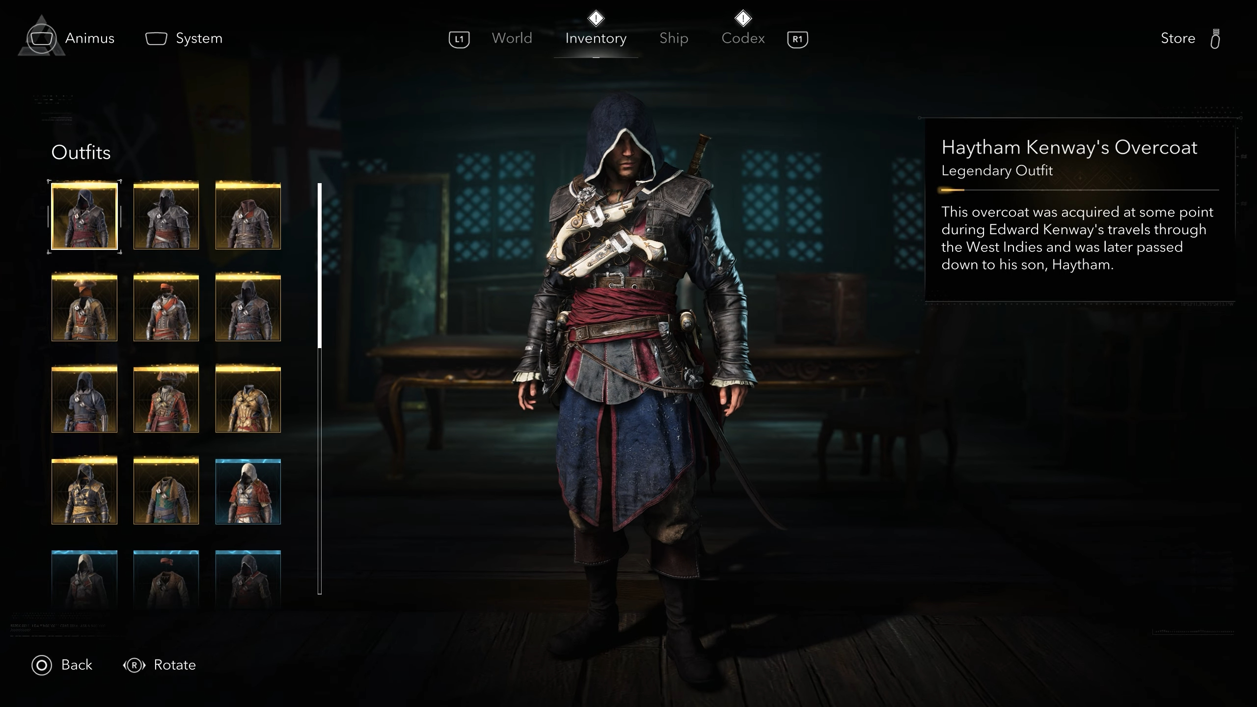 Black Flag outfits: Edward wearing Haytham Kenway's Overcoat in the inventory screen.