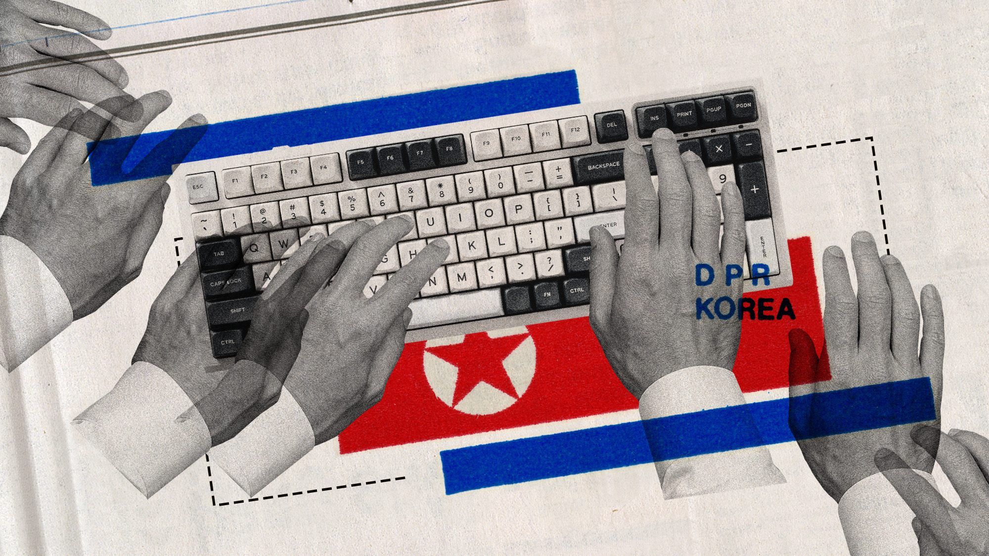 Photo collage of the North Korean flag, a keyboard, and many hands