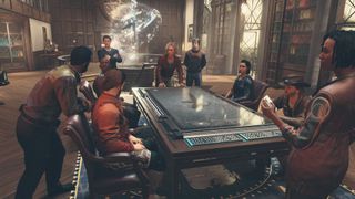 Starfield screenshot showing a gathering of humans around a long wooden table in an extravagant drawing room.